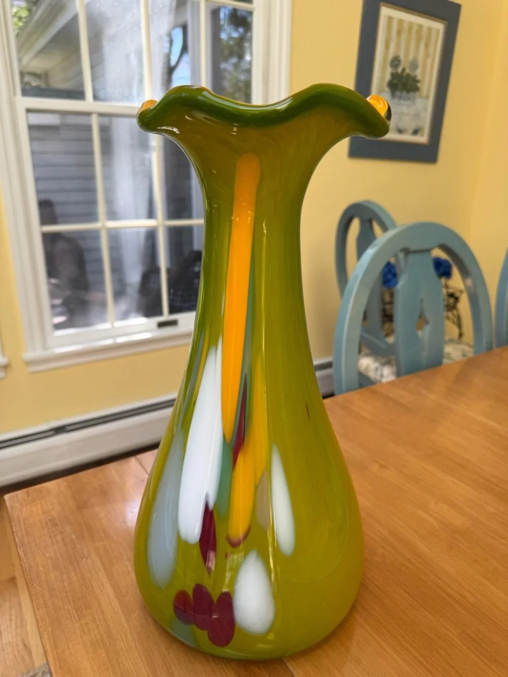 Mid Century Modern Handblown Art Glass Vase in Green, Yellow & Red